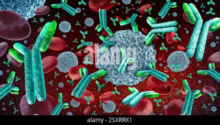 Globuli bianchi e anticorpi sistema immunitario come immunoterapia linfociti con anticorpi a cellule t sangue come concetto di immunologia come microsco Foto Stock