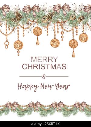 Rami di abete, erba, coni, palle, catene e fiocchi per Capodanno e Natale sono disegnati a mano. Piante forestali per decorazioni invernali Foto Stock