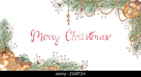 Rami di abete erba, catene d'oro, strisce sospese, anelli, perle, palle di Natale, ingranaggi illustrazione acquerello. Anno nuovo, Natale schema orizzontale Foto Stock