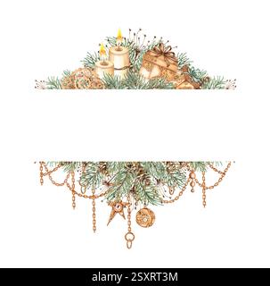Rami di abete, coni ed erba, palle, regali, candele, ingranaggi, ciondoli, banner natalizio, illustrazione acquerello. Cornice rettangolare per Capodanno, con verricello Foto Stock