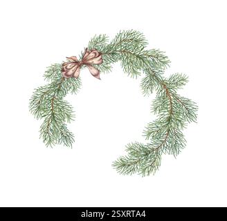 Rami di abete, con aghi verdi e fiocco marrone. Illustrazione ad acquerello della corona di Natale e Capodanno. Telaio rotondo, confine con gli impianti invernali isolati Foto Stock