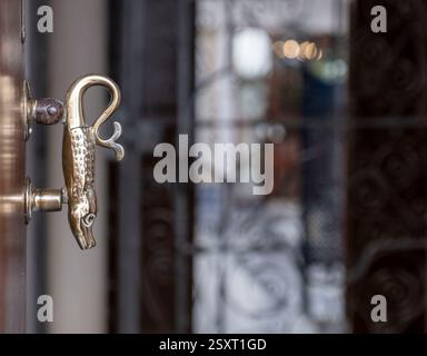 Una porta in ottone decorata bussa alla porta d'ingresso di una casa in Calle Sevilla, Osuna, Spagna. Foto Stock
