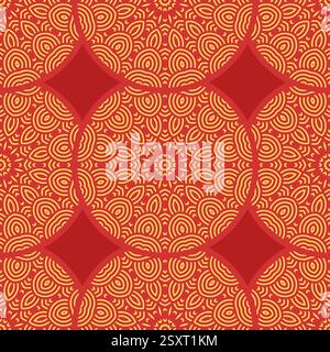 Motivo giapponese senza cuciture vettoriale in stile tradizionale geometrico orientale. Ornamento festivo per la decorazione lunare del nuovo anno cinese. Rosso e asiatico dorato Illustrazione Vettoriale