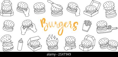 Contorno hamburger. Hamburger di manzo, hamburger, hamburger vegetariano, cheeseburger. Fast food americano tradizionale. Illustrazione vettoriale. Illustrazione Vettoriale