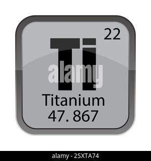 Elemento ti in titanio dalla tabella. Numero 22 ventidue. Massa 47,867 quarantasette punti otto sei sette. Robusto blocco metallico. Illustrazione Vettoriale