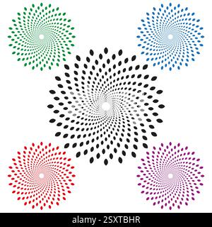 Design a spirale colorato. Ripetizione a punti in rotazione. Arte dell'illusione ottica. Elemento astratto vettoriale. Illustrazione Vettoriale
