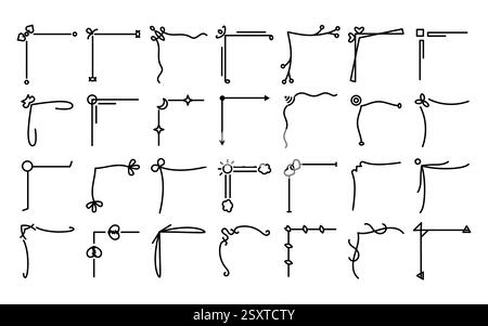Una collezione di 24 divisori d'angolo minimalisti con set di elementi floreali, geometrici e astratti. Linee nere tracciate a mano su sfondo bianco. Perfetto per progetti digitali, inviti, uso decorativo Illustrazione Vettoriale
