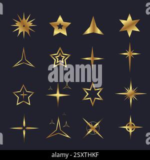 Tre realistiche stelle dorate metalliche su sfondo marrone sfumato. E con l'illustrazione bokeh Vector. Illustrazione Vettoriale