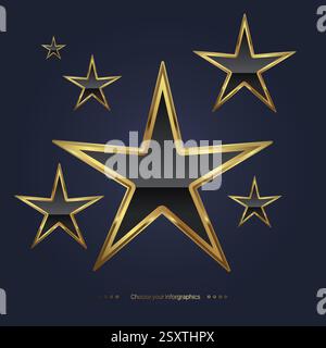 Tre realistiche stelle dorate metalliche su sfondo marrone sfumato. E con l'illustrazione bokeh Vector. Illustrazione Vettoriale