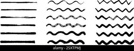 Set di linee di vernice dritte, zigzag e ondulate. Raccolta del tratto del pennello di schizzo da sottile a spesso. Strisce ruvide di scoiattolo al carbone per dare risalto, sottolineatura e enfasi. Strisce vettoriali di gesso di pastello con trama disegnata a mano Illustrazione Vettoriale