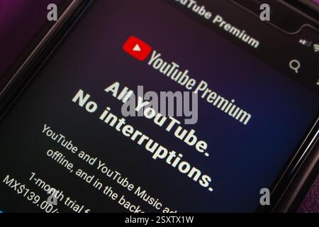 Pagina promozionale YouTube Premium. YouTube Premium è un abbonamento a pagamento che offre la visualizzazione senza pubblicità e l'accesso a funzioni aggiuntive. Foto Stock