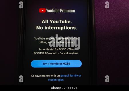 Pagina promozionale YouTube Premium. YouTube Premium è un abbonamento a pagamento che offre la visualizzazione senza pubblicità e l'accesso a funzioni aggiuntive. Foto Stock