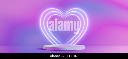 Forma dell'arco cardiaco al neon su sfondo con ologramma ultravioletto. simbolo d'amore illuminato vettoriale 3d dietro il podio rotondo. Decorazioni romantiche per San Valentino o design per eventi nuziali con palco iridescente. Illustrazione Vettoriale