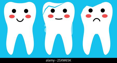 Rappresentazione di denti di cartone sorridenti e danneggiati con elementi di concetto medico Illustrazione Vettoriale