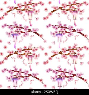 Rami di un albero primaverile che fiorisce con fiori con una lanterna giapponese in fiamme. Motivo senza cuciture di ciliegia, mela e petali di mandorla su un fondo bianco Foto Stock