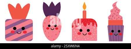 Carini dolci di cartoni animati con Cupcake, fragole, torta e confezione regalo con volti sorridenti Illustrazione Vettoriale