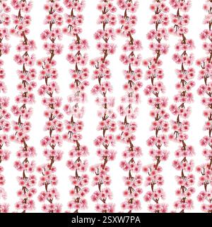 Rami rosa in fiore di un albero primaverile che fiorisce con fiori. Fiori di ciliegio, mela e mandorla senza cuciture su sfondo bianco. Acquerello t Foto Stock