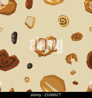 Disposizione senza cuciture di vari tipi di pane. Waffle, pane, baguette, pretzel, croissant e altri prodotti da forno. Illustrazione Vettoriale