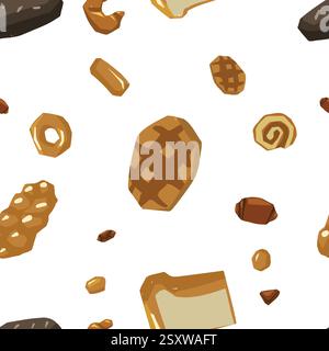 Disposizione senza cuciture di vari tipi di pane. Waffle, pane, baguette, pretzel, croissant e altri prodotti da forno. Illustrazione Vettoriale