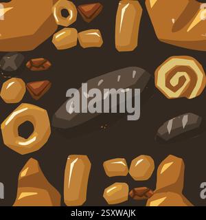 Disposizione senza cuciture di vari tipi di pane. Waffle, pane, baguette, pretzel, croissant e altri prodotti da forno. Illustrazione Vettoriale