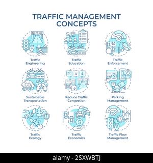 Icone di concetto blu morbido per la gestione del traffico Illustrazione Vettoriale