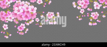 Rami di ciliegio in fiore su sfondo trasparente. Per biglietti d'auguri primaverili e imballaggi cosmetici. Rami con fiori sakura rosa. Illustrazione vettoriale. Illustrazione Vettoriale