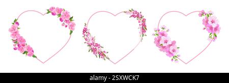 Un insieme di cuori vettoriali con i primi fiori primaverili. I fiori di ciliegio e i fiori di ciliegio rosa per la festa della mamma e San Valentino. Illustrazione vettoriale. Modello per matrimoni. Illustrazione Vettoriale