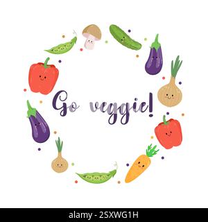 Scegli la scritta vegetariana con verdure deliziose. Le lettere in graziose cornici dei personaggi delle verdure. Illustrazione vettoriale su sfondo bianco. Illustrazione Vettoriale