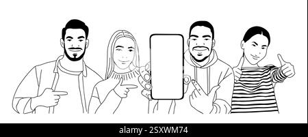 Membri del team aziendale che hanno un telefono grande, puntano Illustrazione Vettoriale