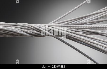 Srotolamento del cavo in acciaio, esponendo singoli trefoli su sfondo gradiente 3d. Foto Stock