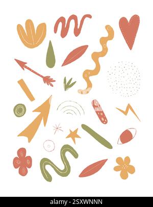 Moderno clipart vettoriale astratto con scarabocchi disegnati a mano, forme organiche ed elementi geometrici nei toni della terra. Perfetto per il branding e i poster Illustrazione Vettoriale