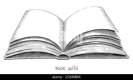 Open Book disegna a mano un'incisione vintage con clip art in bianco e nero isolata su sfondo bianco Illustrazione Vettoriale