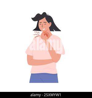Giovane donna malata che soffre di mal di gola e che si tiene il collo con disagio. Persona malata con tosse mal di gola e freddo. Stile piatto Illustrazione Vettoriale