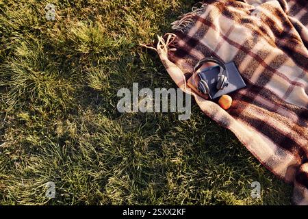 Vista ravvicinata del plaid che si trova sull'erba verde. Cuffie, mele e libri sono a terra. Foto Stock