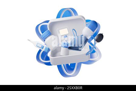 Kit di pronto soccorso medico con sfondo con cornice curva blu, rendering 3d. Illustrazione 3D. Foto Stock