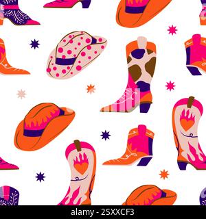 Motivo senza cuciture con stivali e cappelli da cowboy americani. Vettore. Illustrazione Vettoriale
