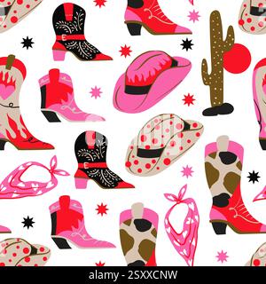 Motivo senza cuciture con stivali e cappelli da cowboy americani. Vettore. Illustrazione Vettoriale