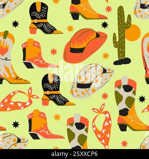 Motivo senza cuciture con stivali e cappelli da cowboy americani. Vettore. Illustrazione Vettoriale