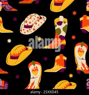 Motivo senza cuciture con stivali e cappelli da cowboy americani. Vettore. Illustrazione Vettoriale
