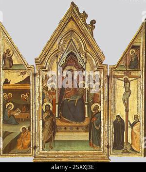DADDI, Bernardo (B. ca. 1280, Firenze, d. 1348, Firenze) Trittico 1335-40 Tempera su tavola, 59,5 x 53,4 cm Staatliches Lindenau-Museum, Altenburg al centro la Maria col bambino su trono ornato, a sinistra la nascita di Gesù, a sinistra la crocifissione, mentre sopra i pannelli laterali si può vedere l'annuciazione. Il trittico è una piccola pala d'altare casalinga, ma lo stile ha una monumentalità simile ad affresco, che mostra l'influenza di Giotto, il maestro di Daddi. --- parole chiave: --------------- Autore: DADDI, Bernardo titolo: Trittico Time-line: 1301-1350 Scuola: Italiano per Foto Stock