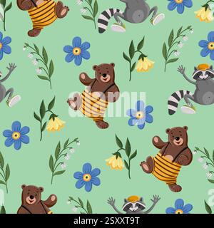 Motivo senza cuciture con animali e fiori carini, tra cui un orso e un procione. Illustrazione vettoriale Illustrazione Vettoriale