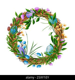 Una corona di pasqua rotonda, una cornice con rami e fiori verdi Foto Stock