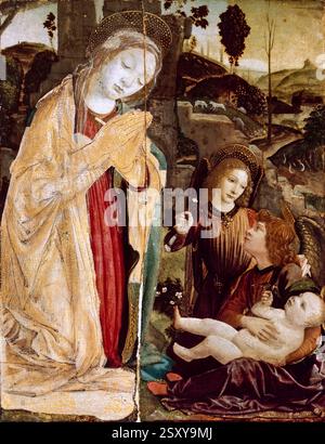 Leonardo da Vinci, Madonna e due angeli adorano il bambino, pittura ad olio su tavola, 1473-1478 Foto Stock