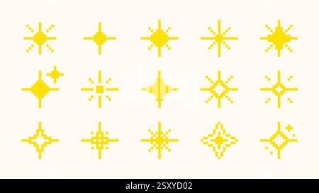 Collezione di stelle scintillanti di pixel art. Brillanti elementi retrò brillanti e brillanti. Illustrazione vettoriale Illustrazione Vettoriale