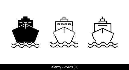 Set di icone di colore linea e silhouette delle navi da crociera. Pittogramma della nave oceanica. Symbol Collection of Cargo Ship, Cargo Marine Transport sul retro bianco Illustrazione Vettoriale