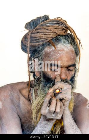 il santo indù spirituale che accende la canna di marijuana a mahakumbh mela Foto Stock