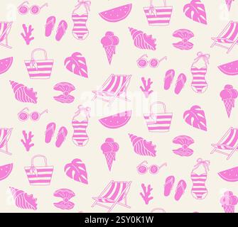 Estate, spiaggia, mare e oceano senza cuciture. Conchiglie di mare disegnate a mano, tavole da surf, coralli, costume da bagno, anguria e illustrazioni di foglie di palma. Tessile Illustrazione Vettoriale