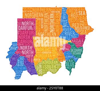 Forma del Sudan. Cloud di parole del paese con divisione regionale. Illustrazione colorata del Sudan. Fumetto nomi area. Illustrazione vettoriale. Illustrazione Vettoriale