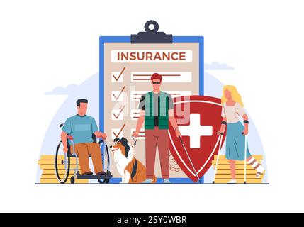 Concetto di assicurazione persone con disabilità. Persone in sedia a rotelle, personaggio cecità uomo con cane. Servizi finanziari e medici. Documento sanitario. Illustrazione Vettoriale