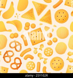 Spuntini salati a base di cartoni animati senza cuciture. Patatine croccanti, nachos, pretzel e cracker, cibo da birra croccante e malsano. Tessuto decorativo, nastro avvolgente Illustrazione Vettoriale